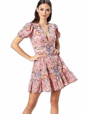 Dress the Population Santina fit flare pink cotton embroidered mini dress S EUC
